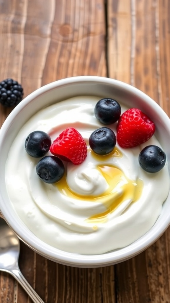A bowl of low carb Greek yogurt topped with berries and honey on a rustic table.